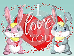 Happy valentine's day. Love card. A pair of cute bunnies girl and boy, pink and deep against a heart. Concept of love confession,