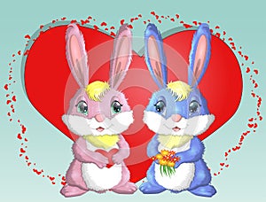 Happy valentine's day. Love card. A pair of cute bunnies girl and boy, pink and deep against a heart. Concept of love confession,