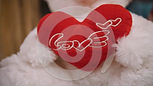 Happy Valentine's Day. Love concept. close-up. soft toy teddy bear, with red heart and writing word love on it