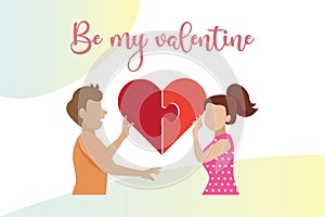 Happy Valentine`s day, love and romantic, sweet relationship concept. Young couple connect jigsaw puzzle in heart shape together