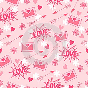 Happy Valentine`s Day. Love. Vector background with arrow, hearts, flowers and letter.