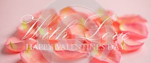 `Happy Valentine`s Day` messages on petals of pink roses on a pink background, happy valentine`s day theme.