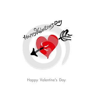 Happy Valentine`s Day modern calligraphy. Black calligraphic text with red heart pierced by arrow