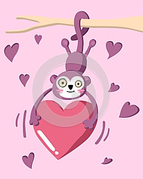 Happy Valentine`s Day with monkey hanging on a branch, Valentines Day background