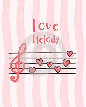 Happy Valentine`s Day with music notes of red hearts, Valentines Day background