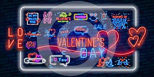 Happy Valentine`s Day neon banner. Color card design with 3d glowing neon letters. Vector illustration with light banner.