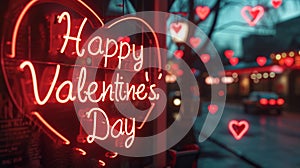 Happy Valentine's Day neon sign in a warm, red glow with heart-shaped bokeh lights, night city street background