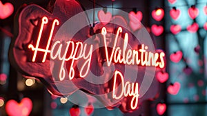 Happy Valentine's Day neon sign in a warm red glow with heart-shaped lights, romantic dreamy atmosphere background