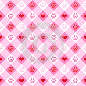 Happy Valentine's Day paw and heart plaid seamless retro design pattern