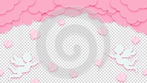 Happy Valentine\'s Day. Pink clouds or nubes and hearts with amour or cupid on a transparent background.