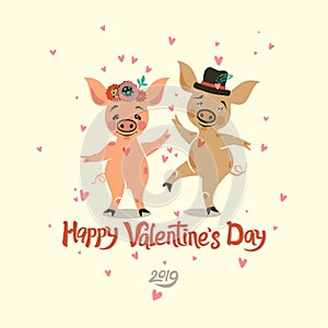 Happy Valentine`s Day. Postcard with two very cute dancing pigs.