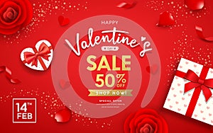 Happy Valentine`s day Poster banners gift box heart shape, Rose petals and ribbon sale