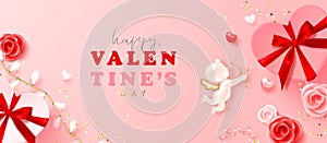 Happy Valentine s Day poster with realistic 3d angel cupid, gift boxes, hearts, roses, ribbon, garland and confetti