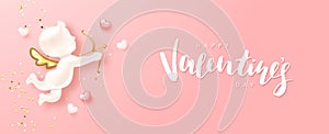 Happy Valentine s Day poster with realistic 3d angel cupid, hearts and confettti.Festive background for February 14 with