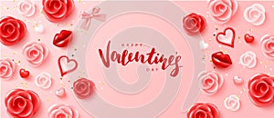 Happy Valentine s Day poster with realistic 3d roses, hearts, lips, bow and golden confetti.Festive background for