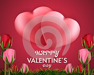 Happy Valentine`s day red background banner with Heart Balloons and Roses