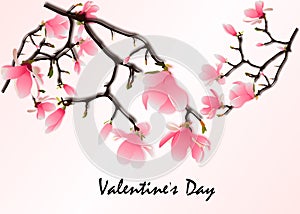 Happy Valentine`s Day. Red elements hanging on the branch for invitation or poster. Festive tree with paper heart shaped leaves