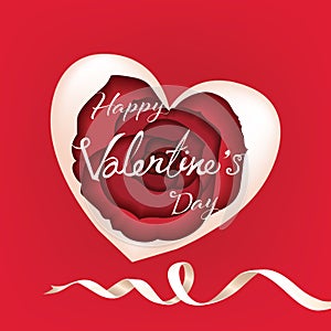 Happy valentine`s day on red rose in white heart.