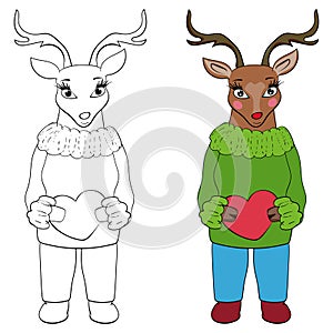 Happy Valentine`s Day, Reindeer Coloring page adult and kids. I love you. Coloring page, Coloring book. Contour