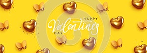 Happy Valentine's Day. Romantic background design with butterflies, gold hearts and glitter confetti.