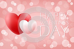 Happy Valentine`s Day romantic background with red and pink realistic hearts. 14 february holiday greetings.