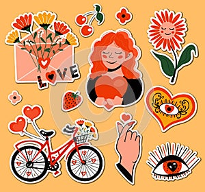 Happy valentine's day. Romantic set of sticker icons, patches badges. Cute girl with heart, love, letter with flowers