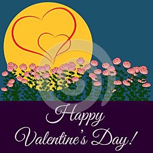 Happy Valentine`s day. Roses, moon and two hearts on the background.