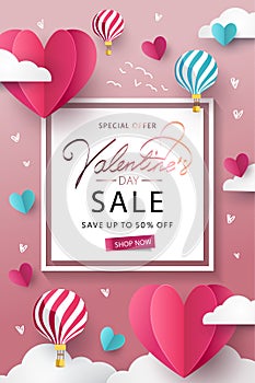 Happy Valentine`s Day Sale background. Banner, poster or flyer design with flying Origami Hearts over clouds with air balloons in