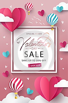 Happy Valentine`s Day Sale background. Banner, poster or flyer design with flying Origami Hearts over clouds with air balloons in photo