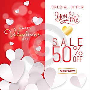 Happy Valentine`s Day sale banner background for promotion with heart paper cut style