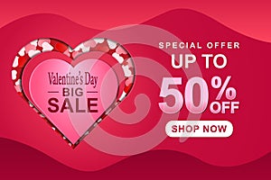 Happy Valentine\'s Day Sale banner with heart symbol on pink background. template or poster for product promotion