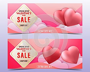 Happy Valentine`s day sale colorful background banner set with couple Heart balloon and cloud