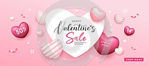 Happy Valentine`s day sale heart space, balloon heart pink colorful banners design on pink background