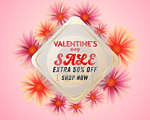Happy Valentine`s day sale Pink background banner with Beautiful Colorful Flowers