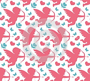 Happy Valentine`s Day seamless pattern. Cute romantic love endless background. Cupid, heart repeating texture. Vector