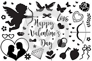 Happy Valentine`s Day set of icons stencil black silhouette. Cute romance love collection of design elements with cupid