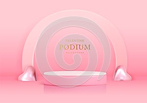 Happy Valentine`s day showcase background with 3d podium, gloden metallic love hearts and arch.