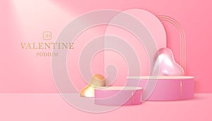 Happy Valentine`s day showcase background with 3d podium, gloden metallic love hearts and arch.