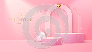 Happy Valentine`s day showcase background with 3d podium, gloden metallic love hearts and arch.