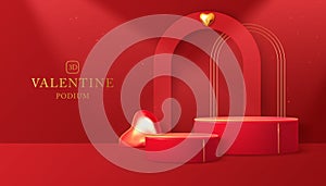 Happy Valentine`s day showcase background with 3d podium, gloden metallic love hearts and arch.