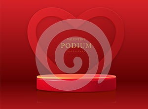 Happy Valentine`s day showcase background with 3d podium and love heart shape.