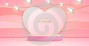 Happy Valentine`s day showcase background with 3d podium, love heart shape and electric lamps.