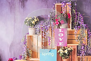 Happy Valentine`s Day.Spring flowers, festive decoration.valentine`s day card. Party interior. Spring holidays. Happy