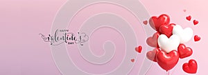 Happy Valentine\'s Day Standee Poster Or Banner Design With 3D Render, Red And White Heart Balloons