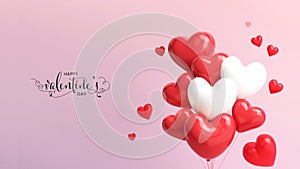 Happy Valentine\'s Day Standee Poster Or Banner Design With 3D Render, Red And White Heart Balloons