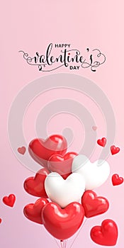 Happy Valentine\'s Day Standee Poster Or Banner Design With 3D Render, Red And White Heart Balloons