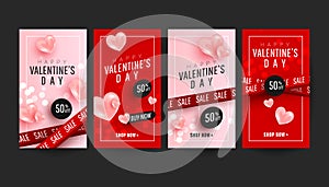 Happy Valentine`s day story banner collection set with 3d pink hearts on pink red background. Valentine`s day concept posters se