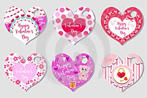 Happy Valentine`s Day tags set in the shape of a heart. Labels collection with cute love symbol, romance. Holiday card