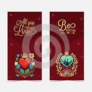 Happy Valentine`s Day Template or Standee Banner With Love Quotes In Two Options. All You Need Is Love, Be Mine Message