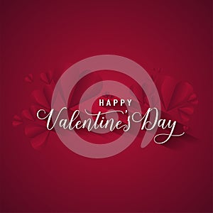 Happy Valentine`s day text with pink hearts on red gradient background. Vector illustration. Romantic quote postcard, card, invita